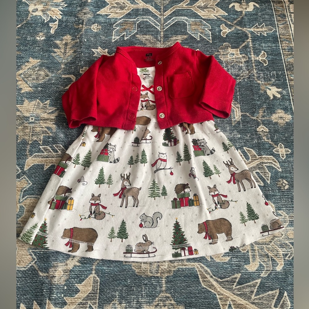 Hudson Baby Infant 0-3 month woodland Cotton Dress and Cardigan Set